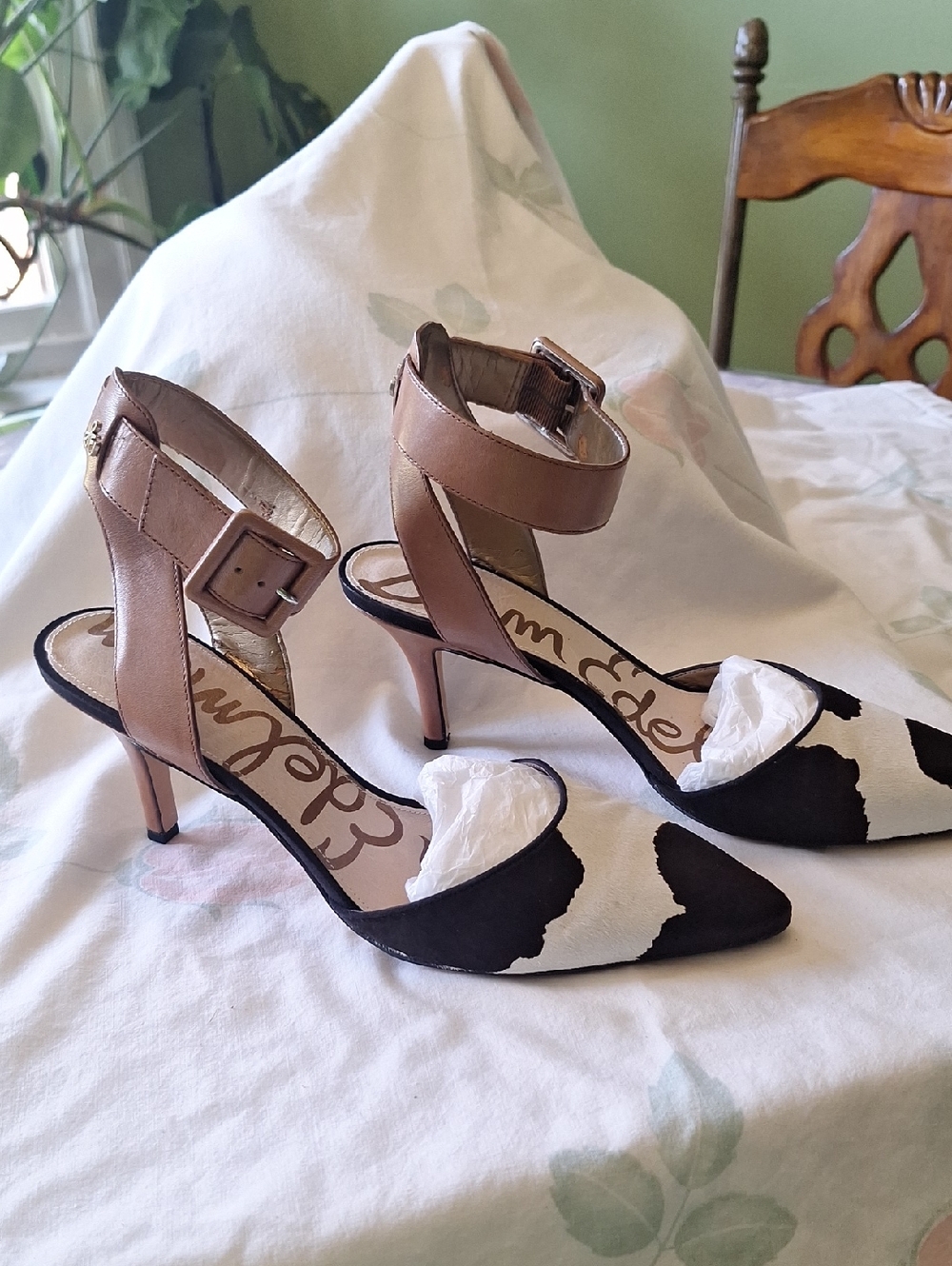 Sam Edelman Two-Tone Ankle-Strap Pointed-Toe Heels - Brown & Black/White
